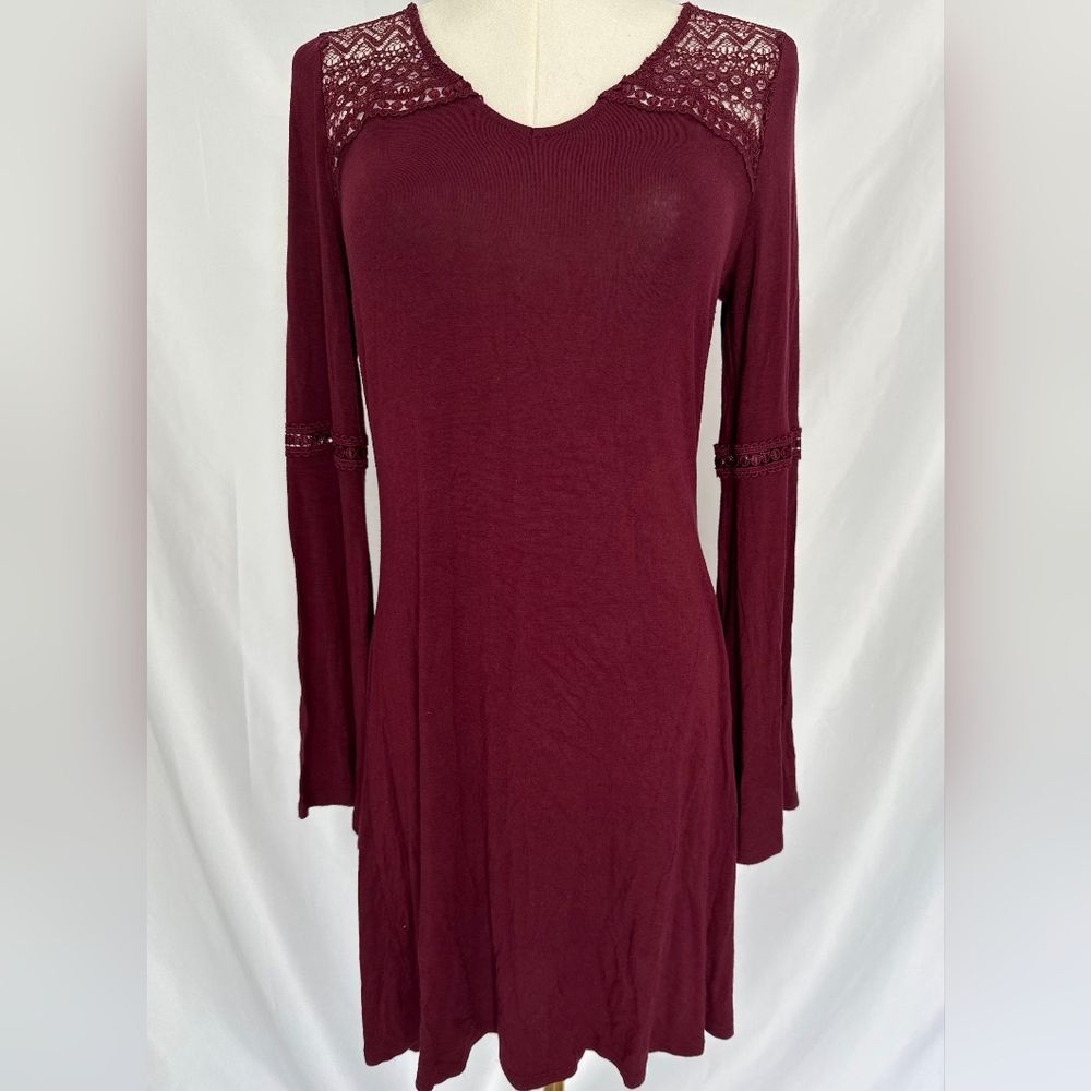 Pink Republic Burgundy Lace-Trim Bell Sleeve Mini Dress Size Small